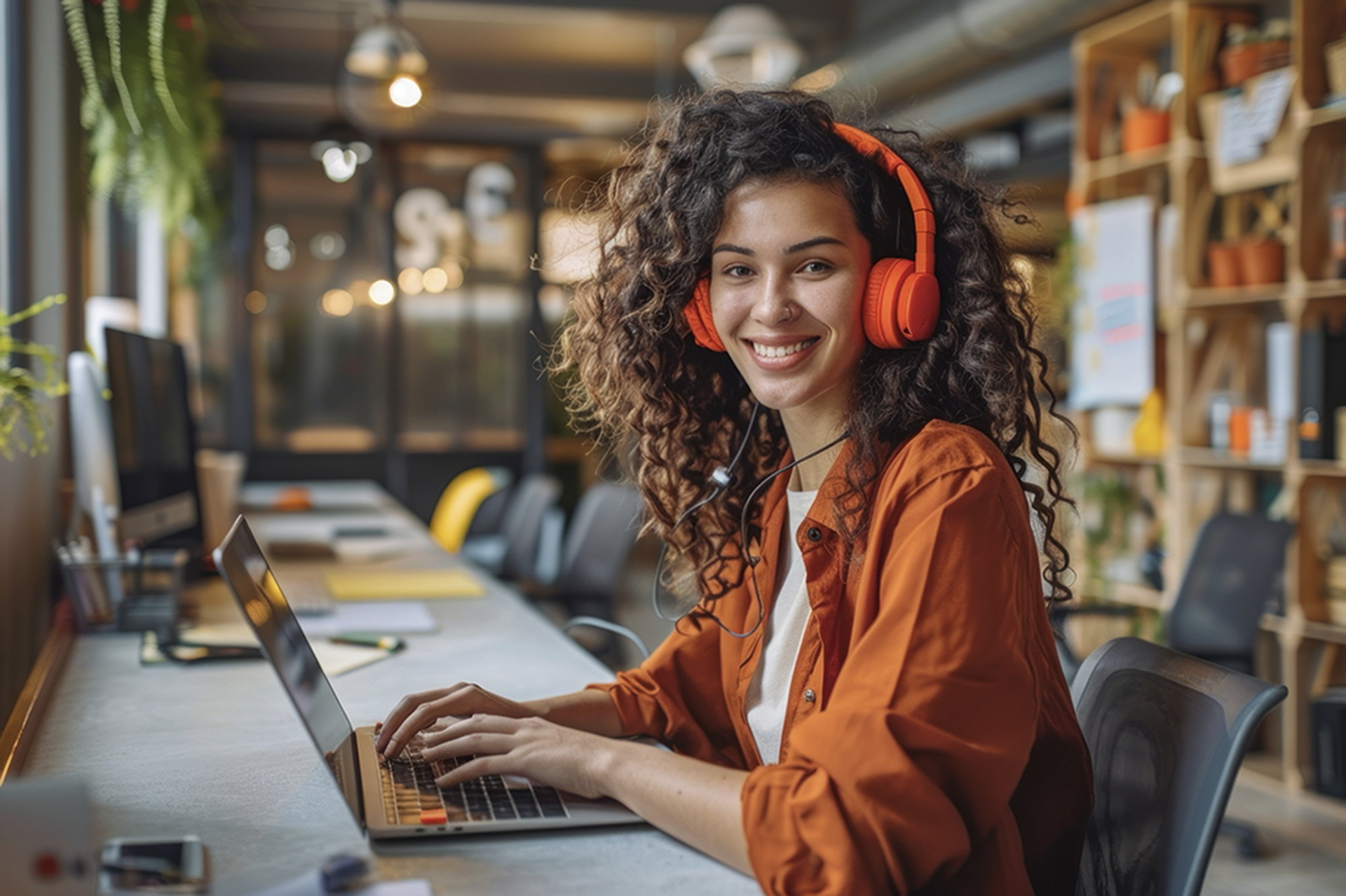 Creator with orange headphones producing a podcast on AI Podcast Studios